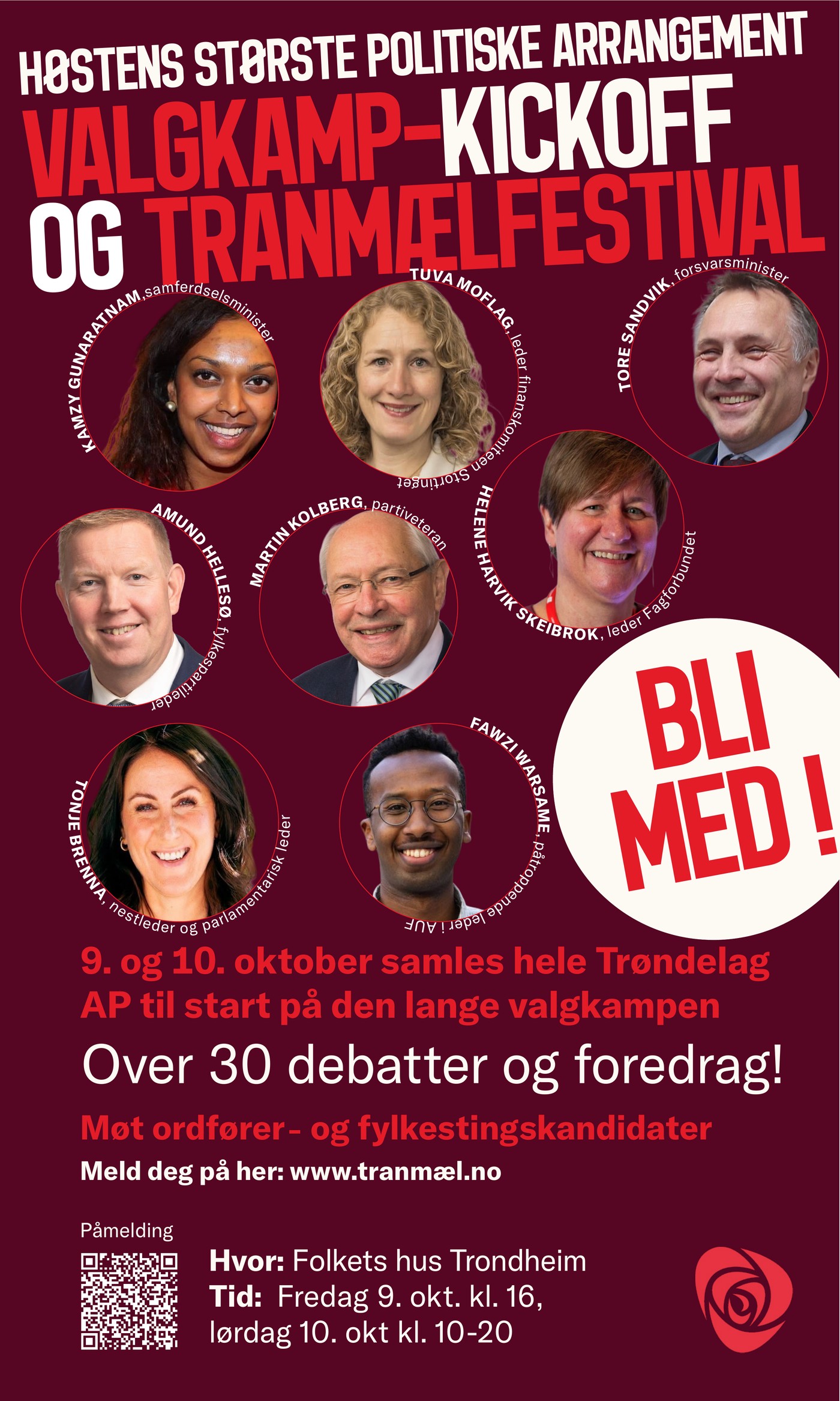 Plakat for valgkamp-kickoff og Tranmælfestivalen 2026 med deltakere og praktisk informasjon